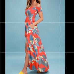 Lulus Coral Red Floral print Maxi Dress - Small